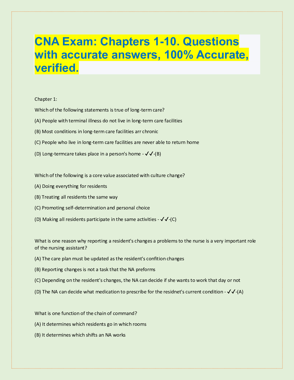 Preview image for CNA Exam: Chapters 1-10. Questions  with accurate answers, 100% Accurate,  verified.